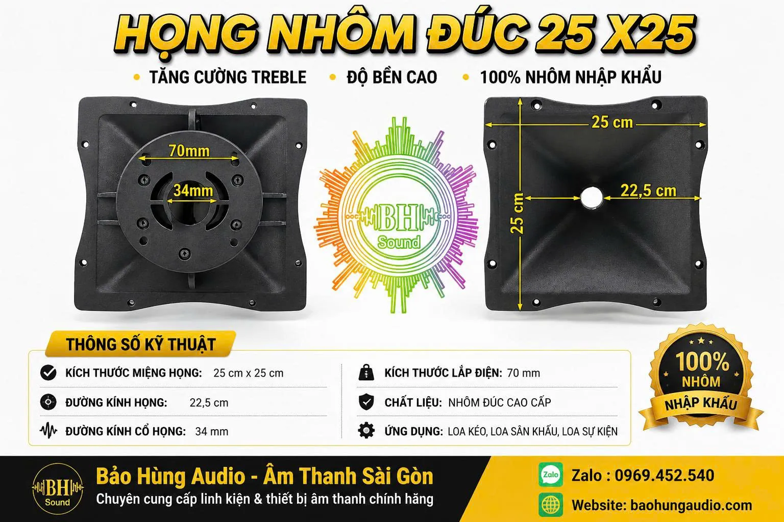 Họng Nhôm Đúc Nguyên Khối 25x25 - Tăng Cường Âm Treble