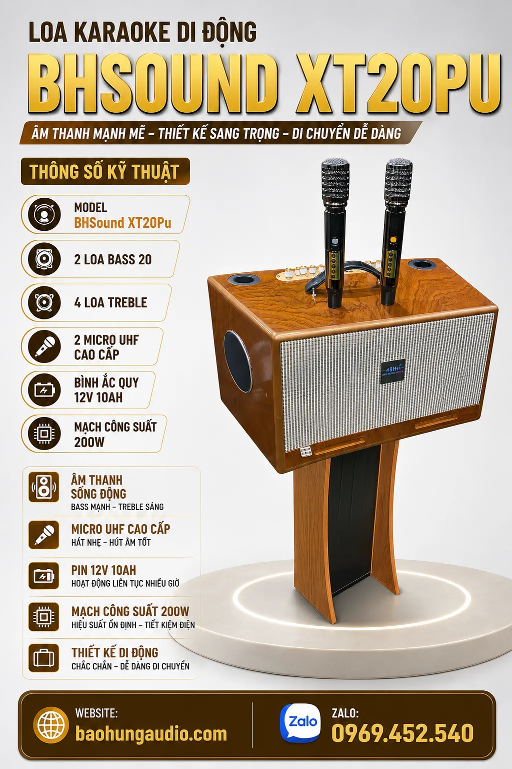 Loa Karaoke Xách Tay BHSOUND XT20Pu Vỏ Gỗ Cao Cấp